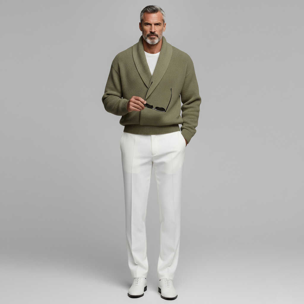 Men's Sage Green Shawl Lapel Wrap Long Sleeve Ribbed Knit Sweater