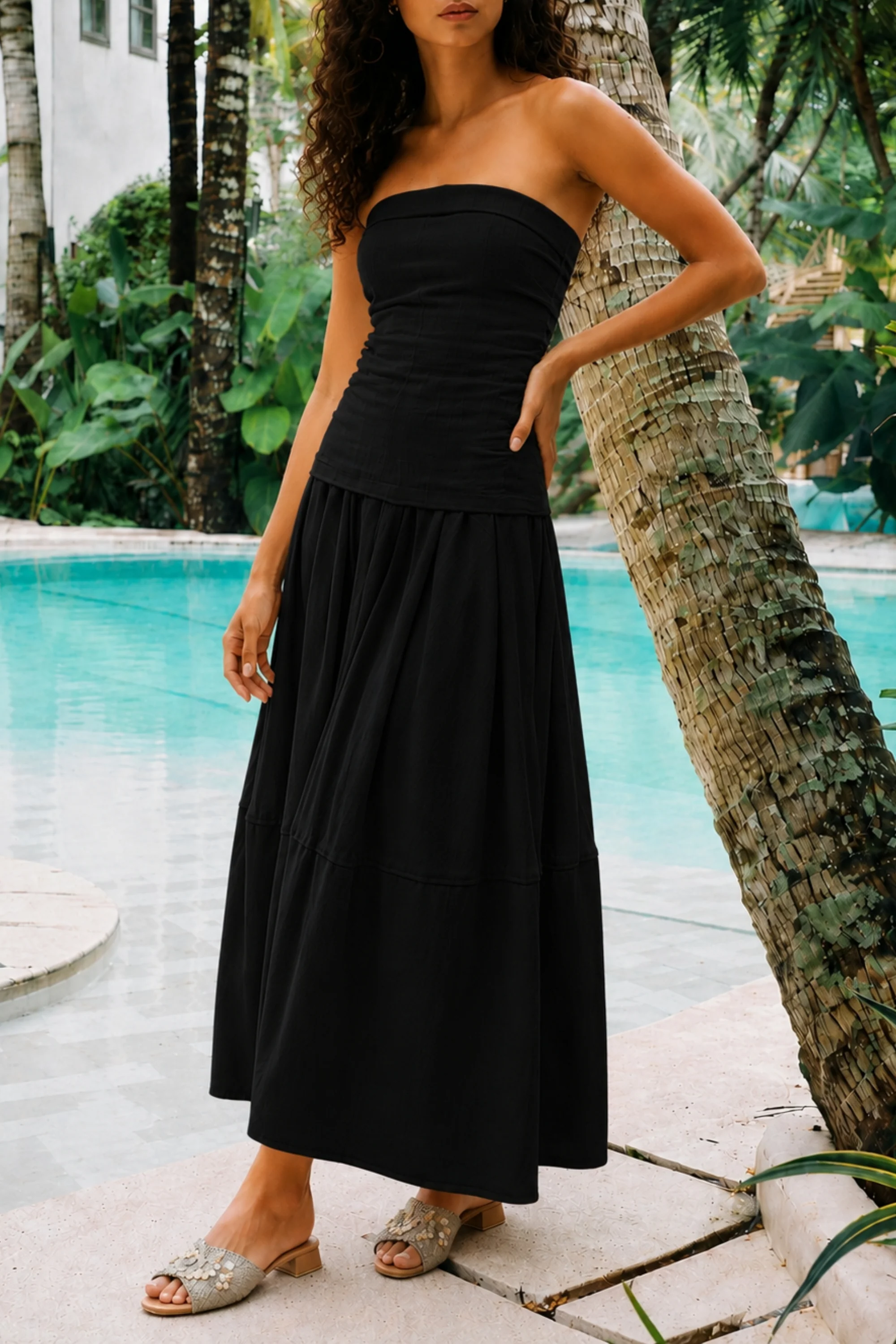 Black Bandeau Linen Top & Skirt Set