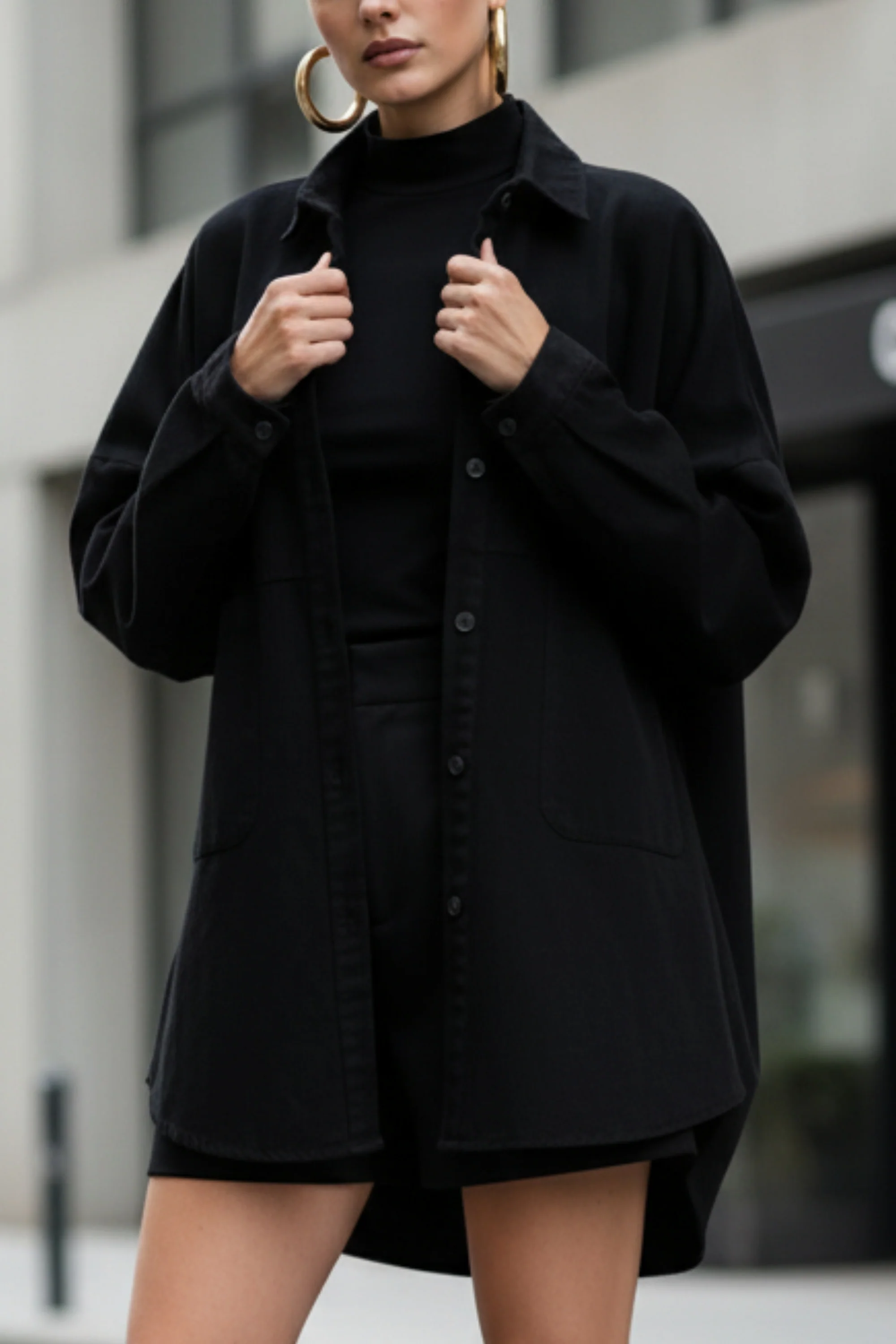 Oversized Black Shacket With Patch Pockets