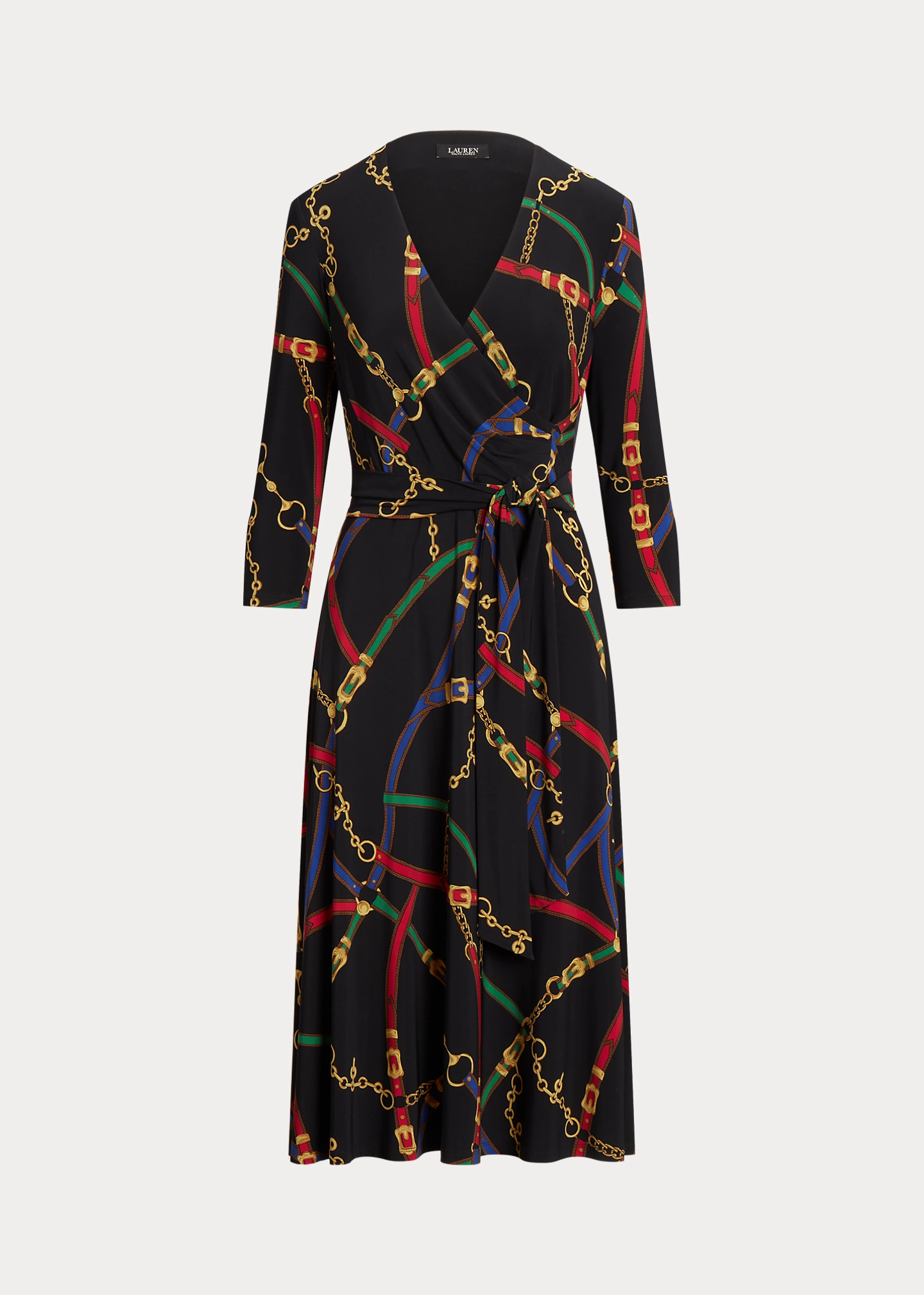 Belting-Print Surplice Jersey Dress