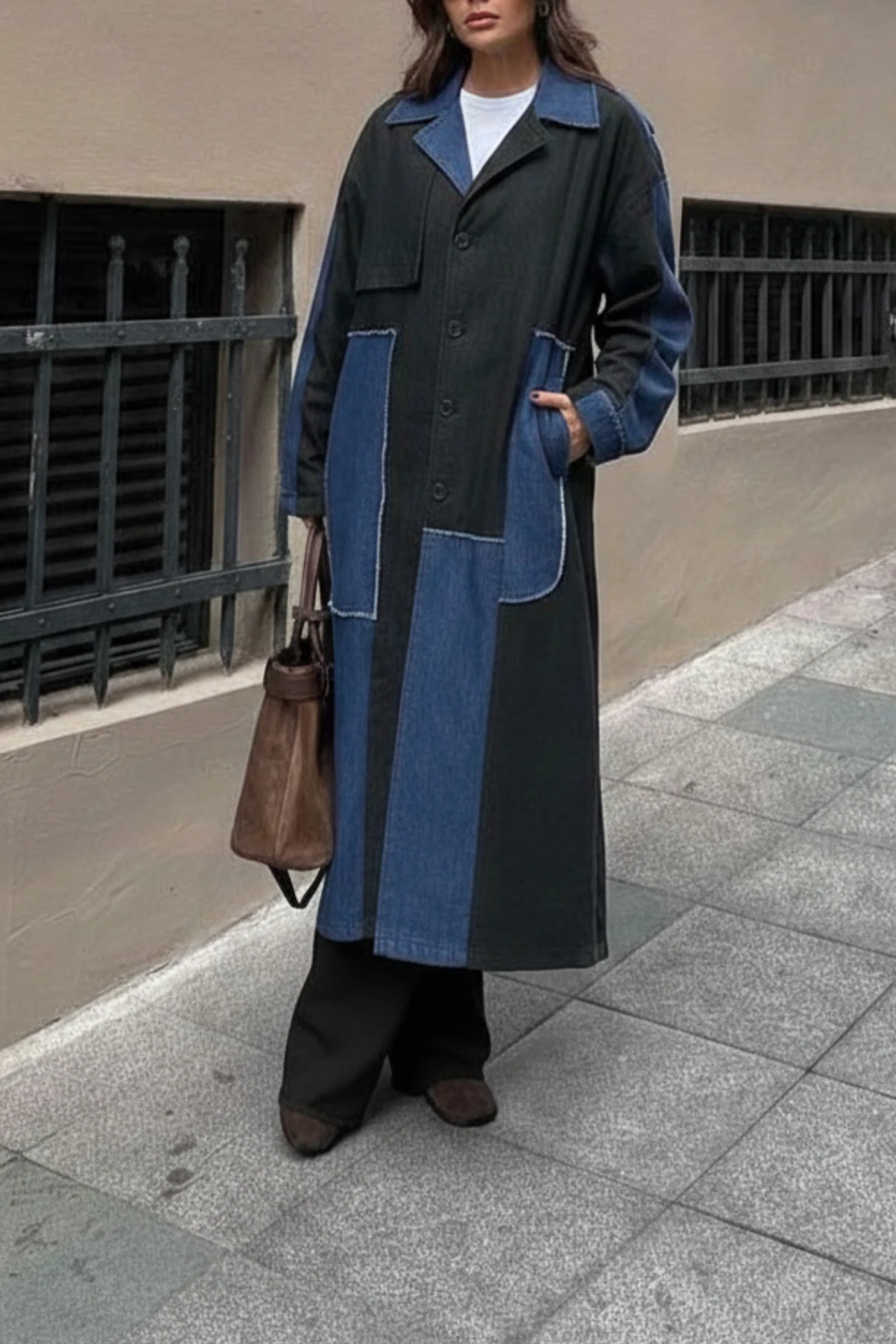 Patchwork Denim Long Trench Coat