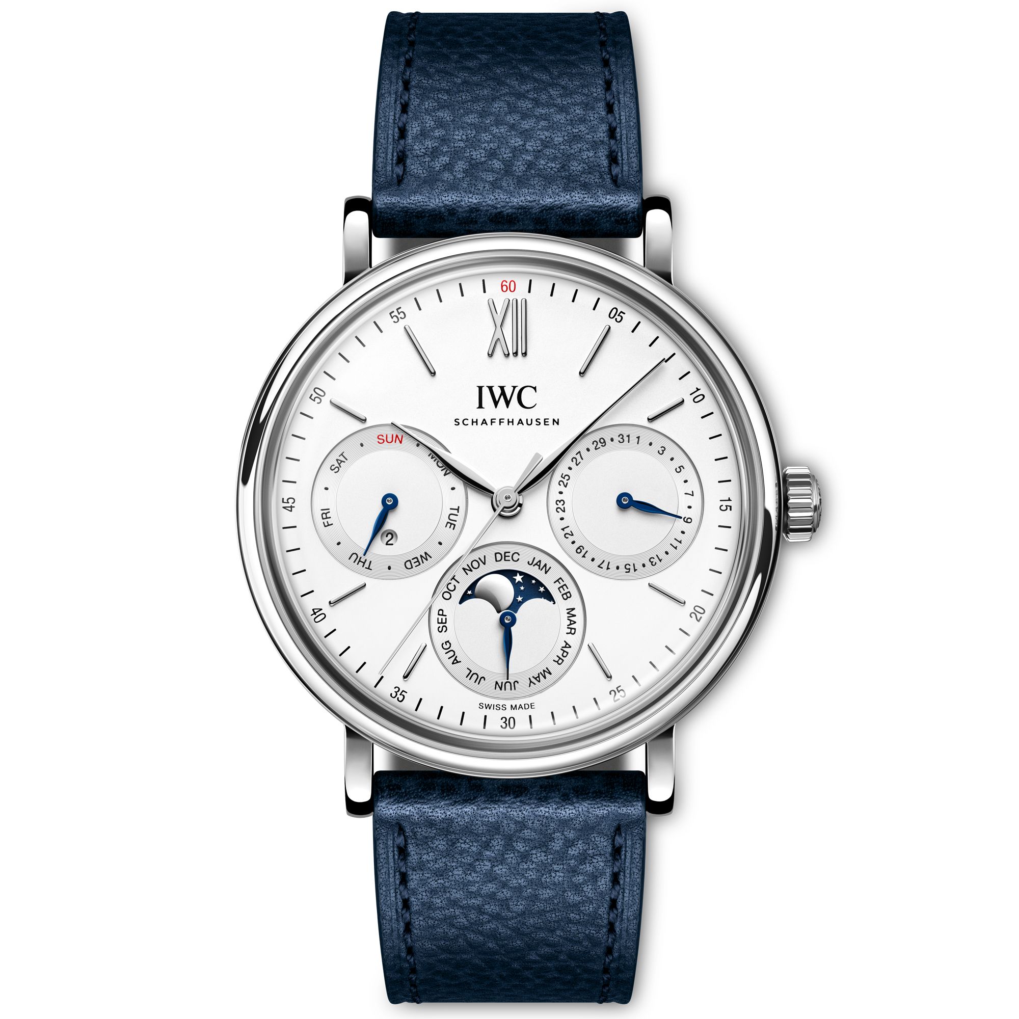 [2026 Mirror Grade]IWC Schaffhausen Portofino Perpetual Calendar 40 mm Silver Dial Stainless Steel Blue Strap IW344601