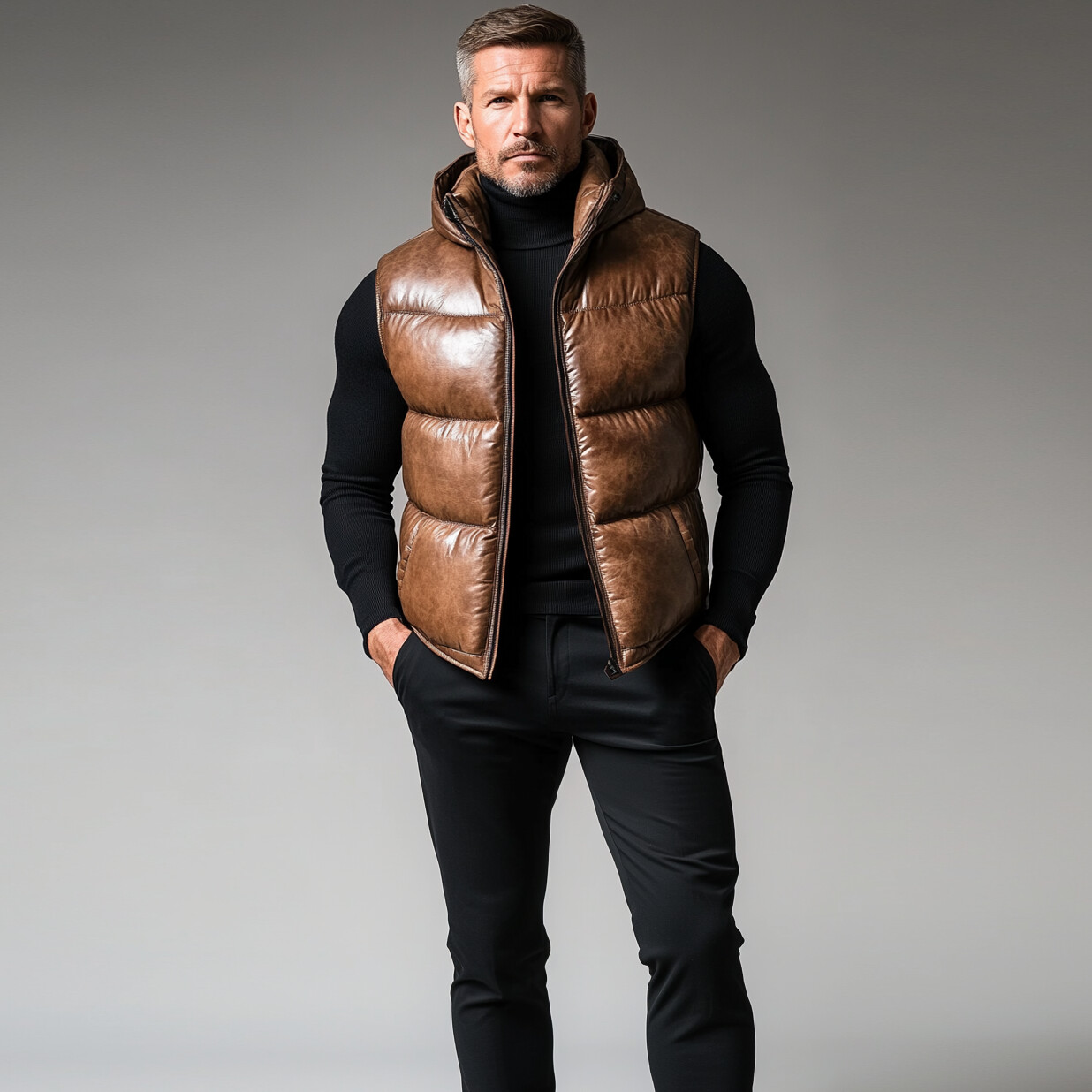 Men's Retro PU Leather Cotton-Padded Zipper Hooded Vest