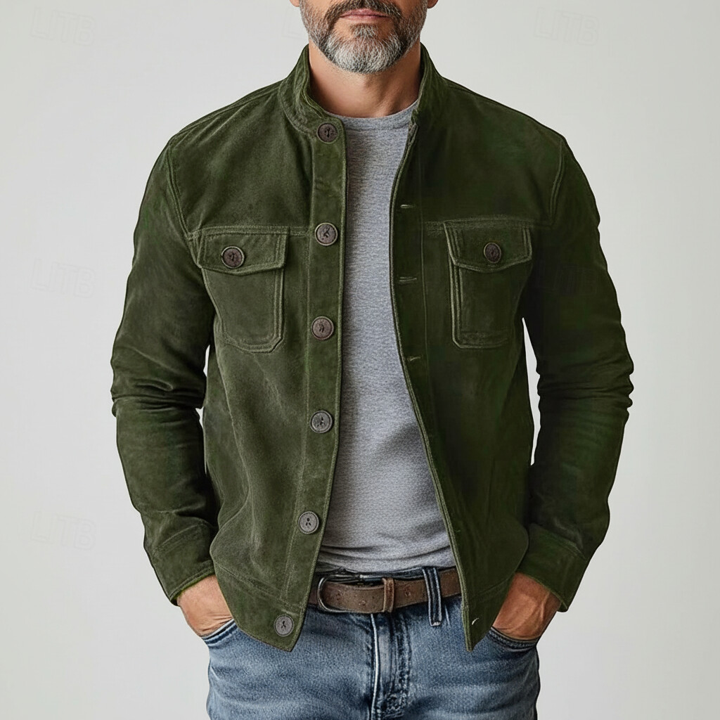 Men's Utility Solid Suede Stand Collar Pockets Single Breasted Long Sleeve Jacket