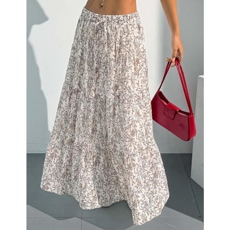 Women's Boho Flowy White High Waist Maxi Skirt with Ruffle & Elastic Waist