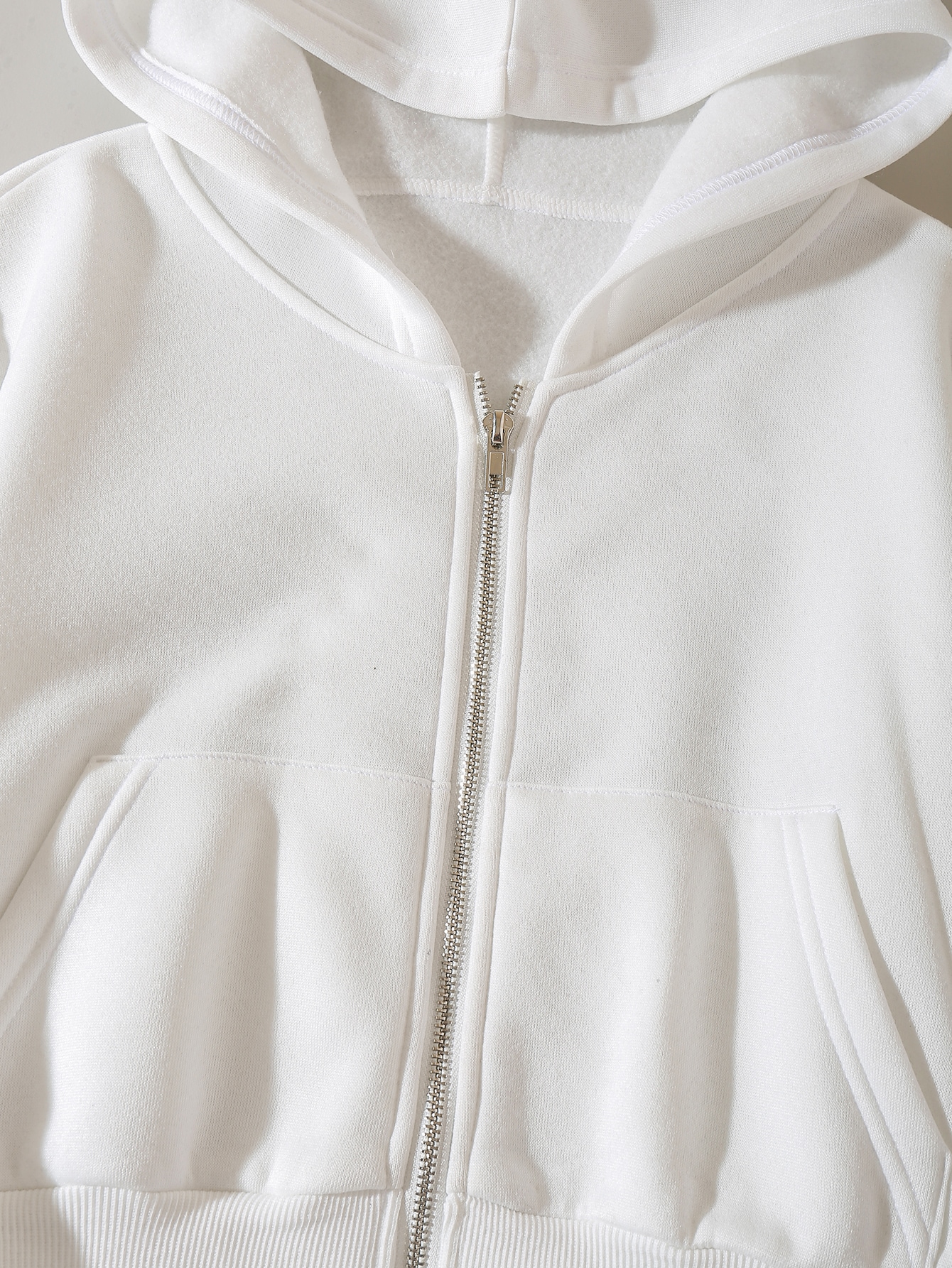 Solid Zip Up Drop Shoulder Thermal Lined Crop Hoodie