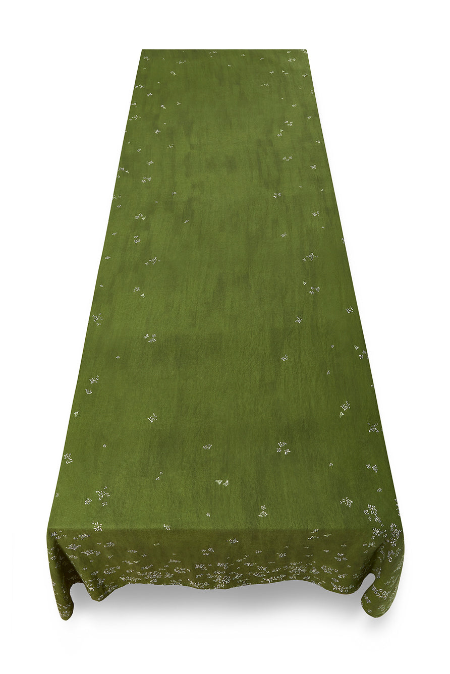 ‘Falling Flower’ Rectangular Linen Tablecloth – Avocado Green