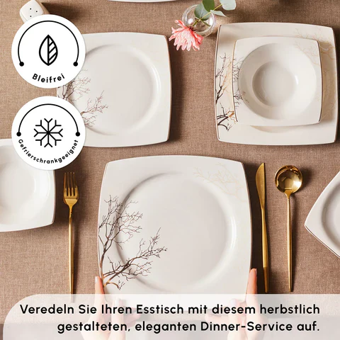 Karaca Square Bone China Autumn Service de Table 53 Pièces pour 12 Personnes, Blanc Multicolore