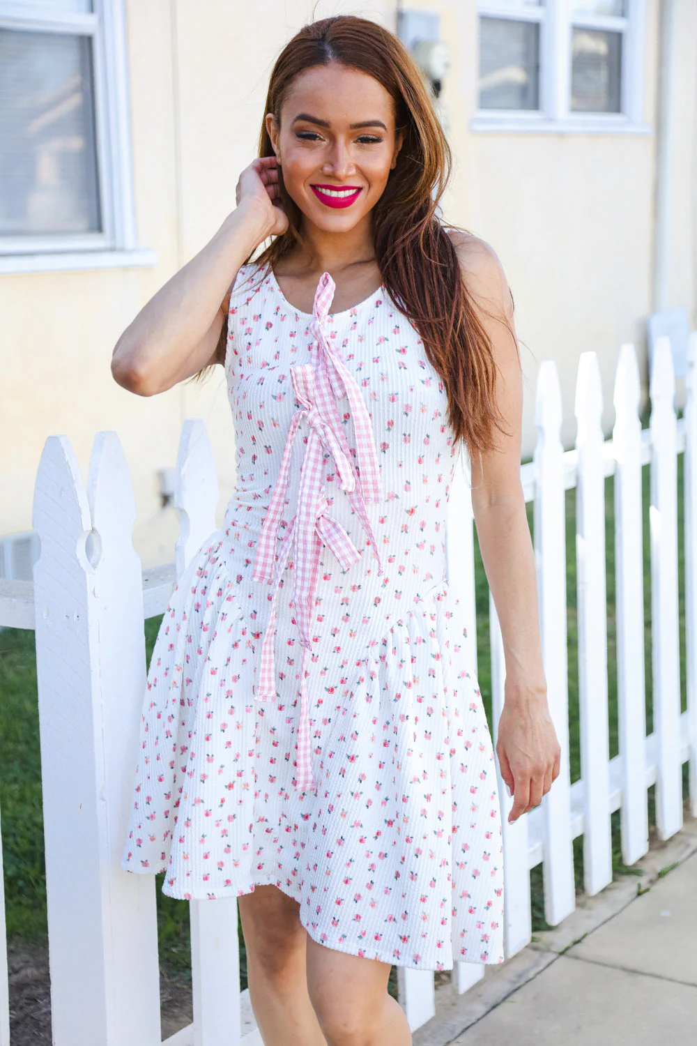 Beautiful You Ivory Checker & Floral Print Ribbon Tie Sleeveless Dress (Open Pack)