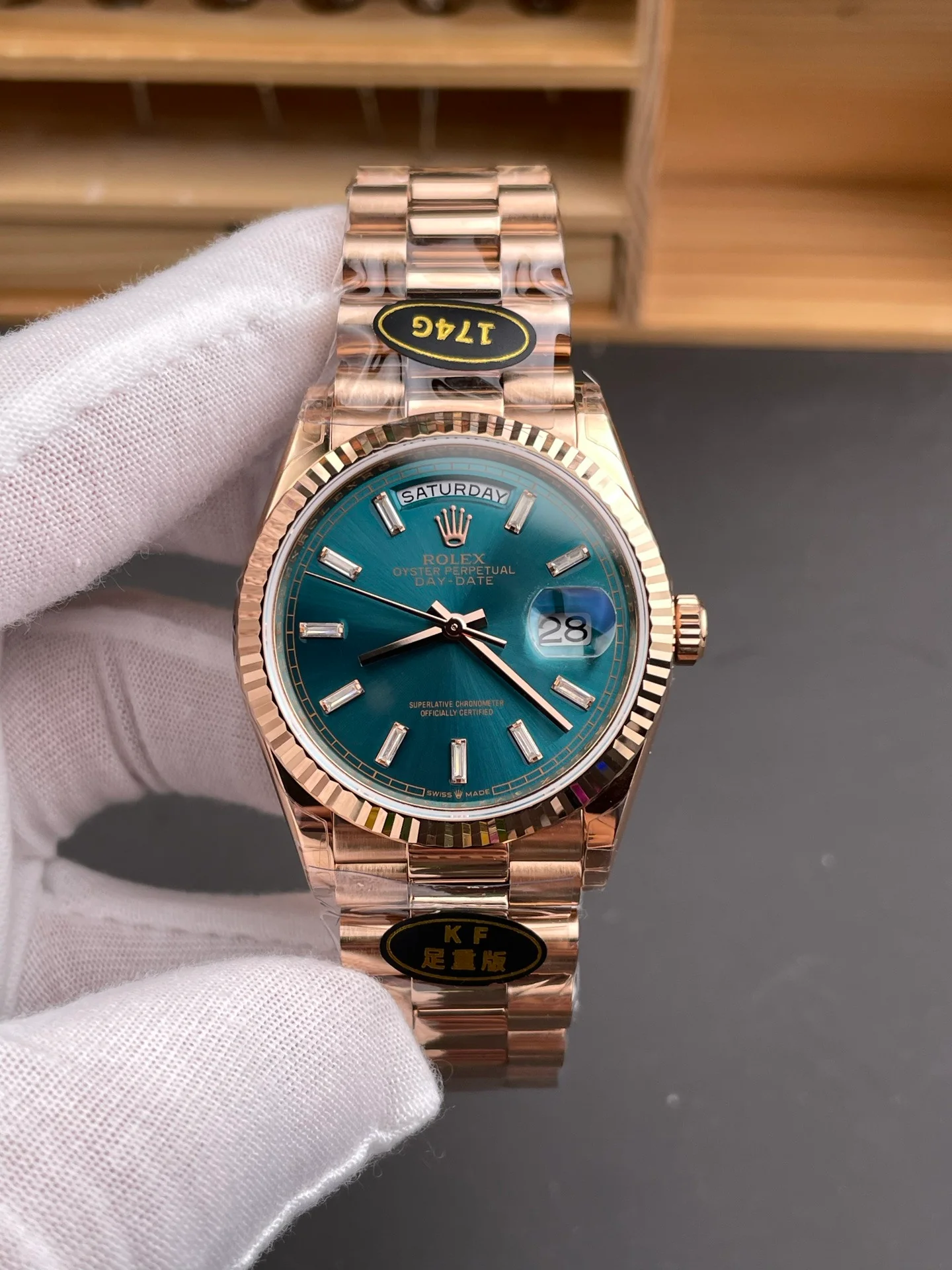Rose Gold Blue-Green Dial Day-Date