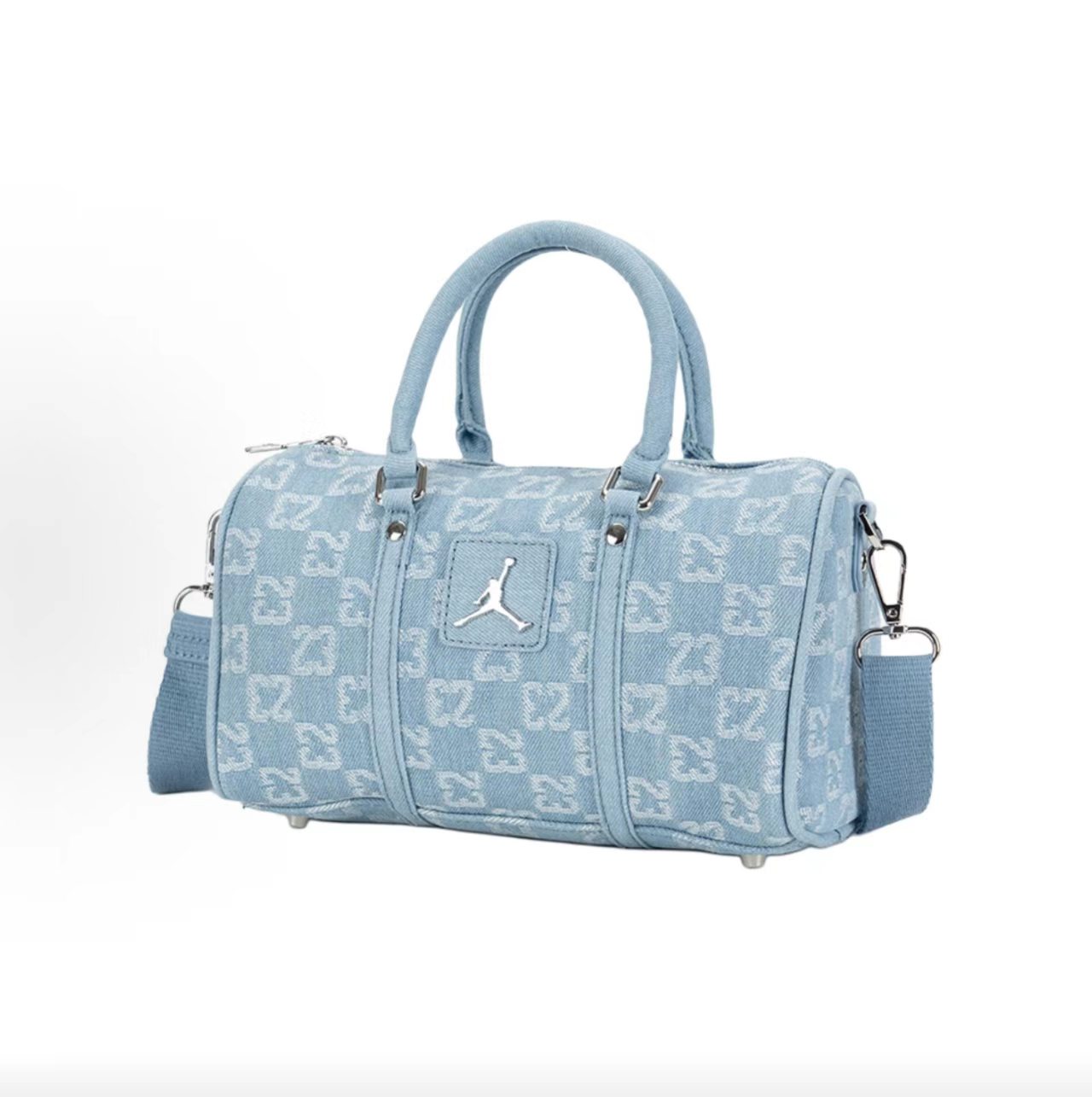 Jordan Allover Monogram Light Blue Denim Mini Duffle Crossbody Bag