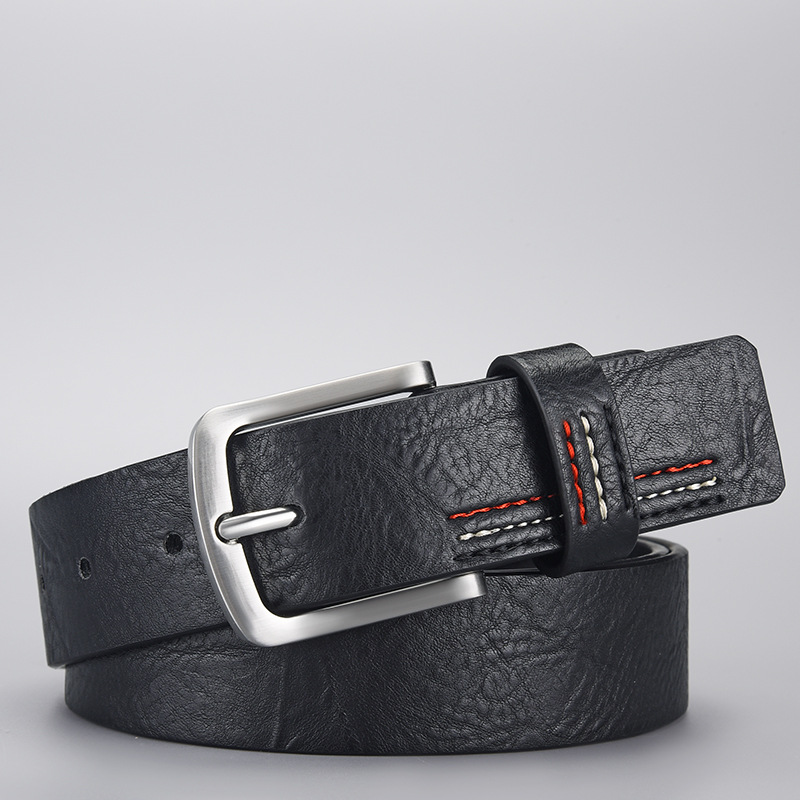 Men's Retro Silver Buckle Contrast Stitching Textured PU Leather Belt