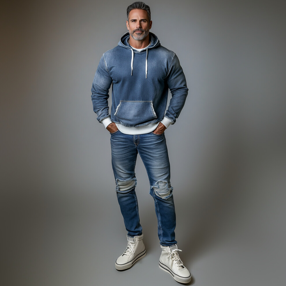 Men's Casual Denim Raw Edge Pocket Long Sleeve Drawstring Hoodie