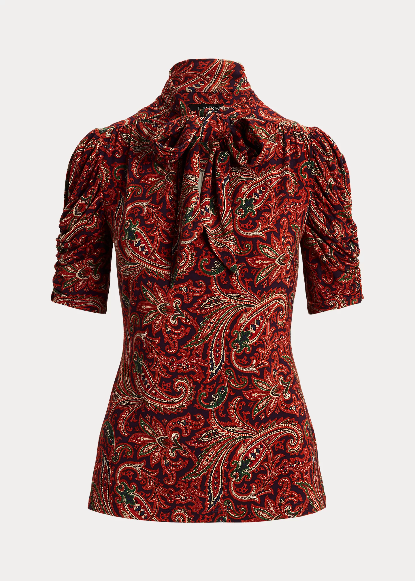 Paisley Jersey Puff-Sleeve Tie-Neck Top