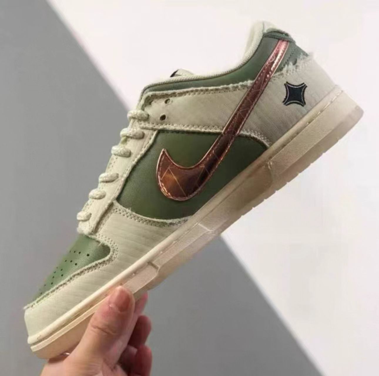Nike Dunk Low Light Sage Corduroy Metallic Bronze Swoosh Cream Midsole