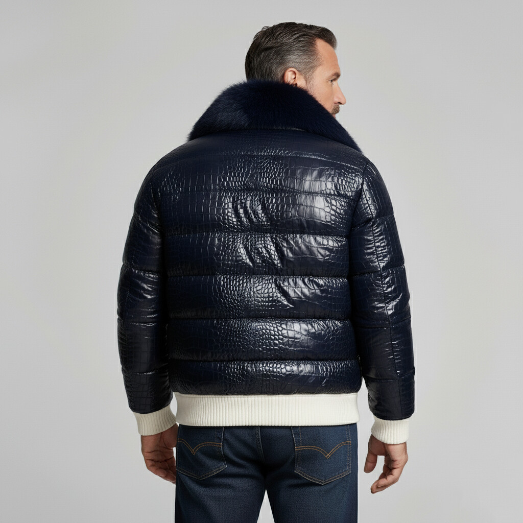 Men's Navy Blue Crocodile PU Leather Fur Collar Long Sleeve Zip Up Quilted Puffer Jacket