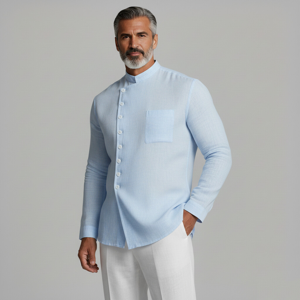 Men's Cool Blue Stand Collar Patch Pocket Slanted Placket Long Sleeve Linen Shirt