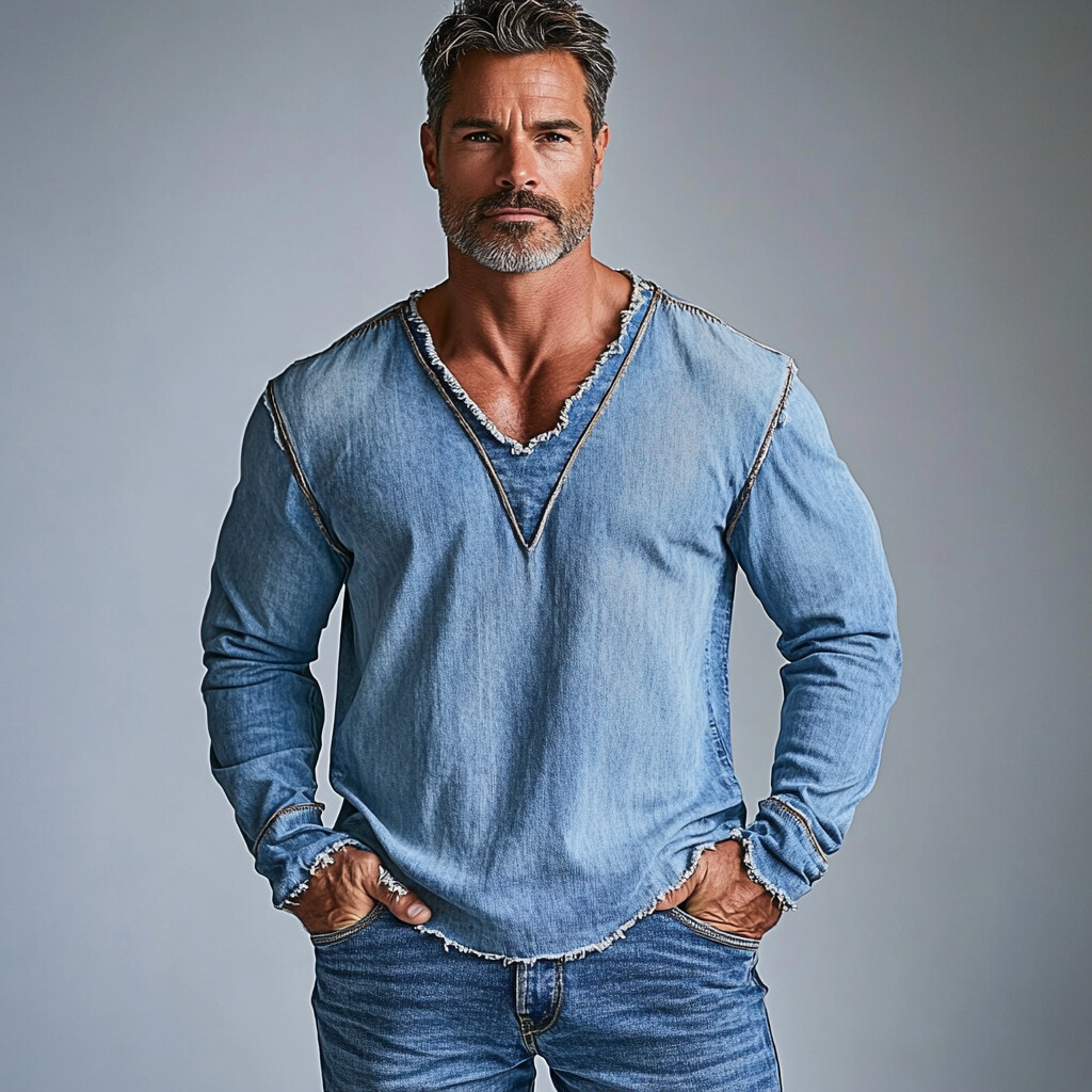 Men's Casual Raw Edge V Neck Long Sleeve Denim T-Shirt