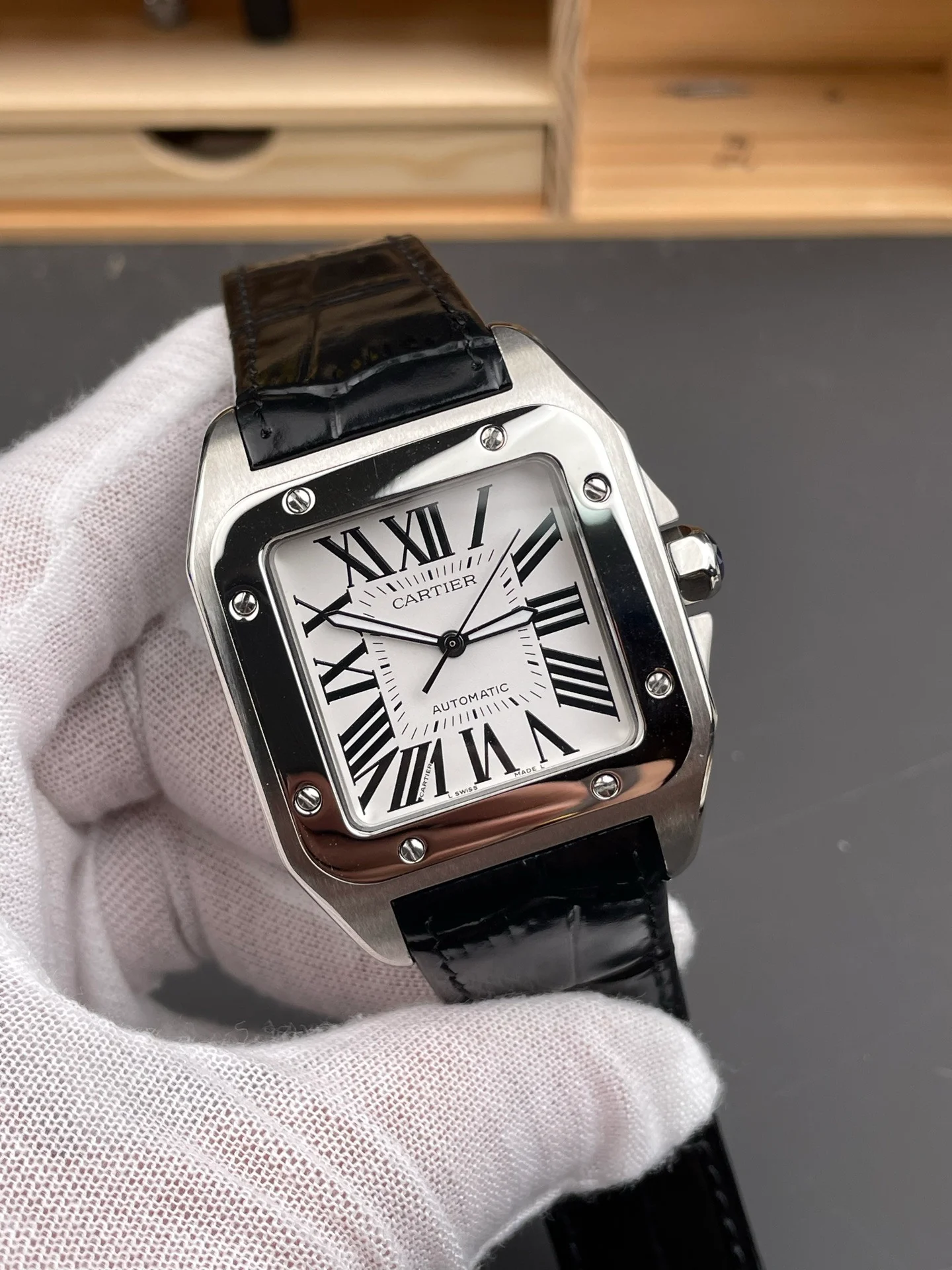 Santos White Sunburst Dial with Roman Numerals