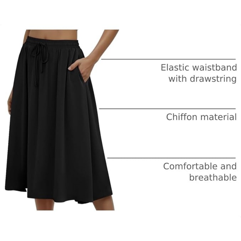 Women's Pleated Elastic High Waist Midi Skirt with Pockets
