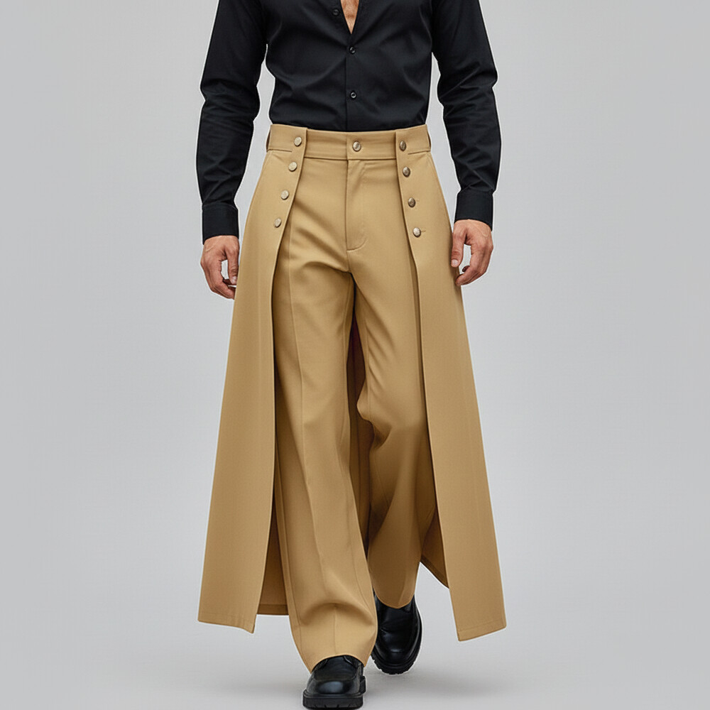 Men's Casual Black Buttons Layered Straight Leg Pants
