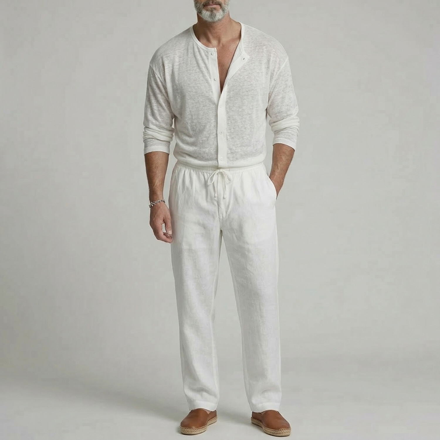 Men's Plain Single Breasted Round Neck Slim Fit Long Sleeve Casual Shirt