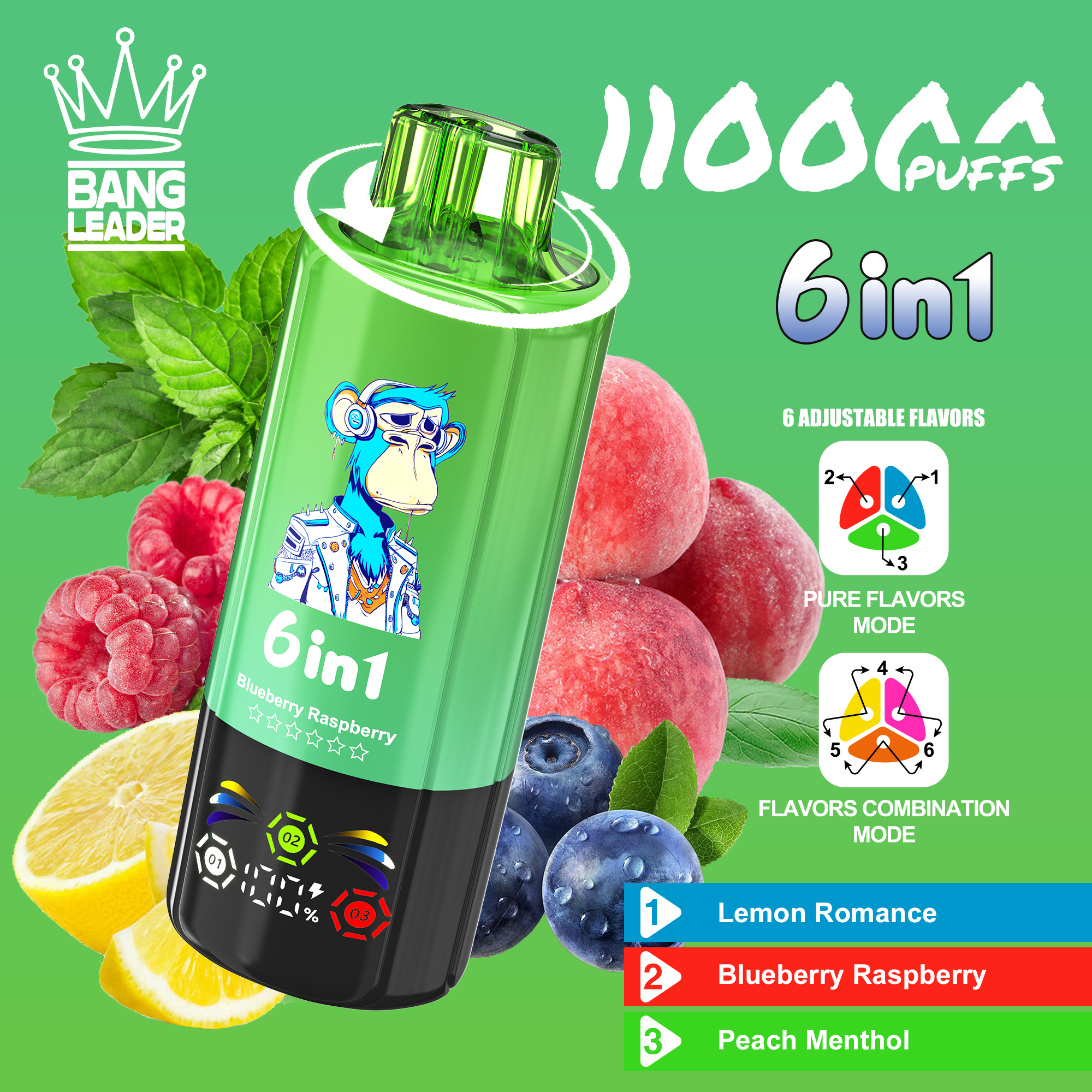 Bang Leader 110K Puffs 6-in-1 Prefilled  Vape | 6 Flavors in 1 Device,  Rechargeable, 3%/5%
