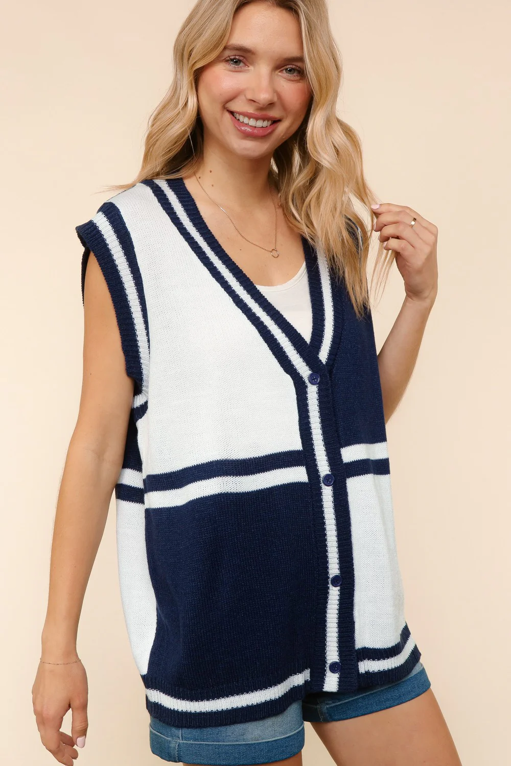Navy V Neck Button Down Color Block Sweater Vest