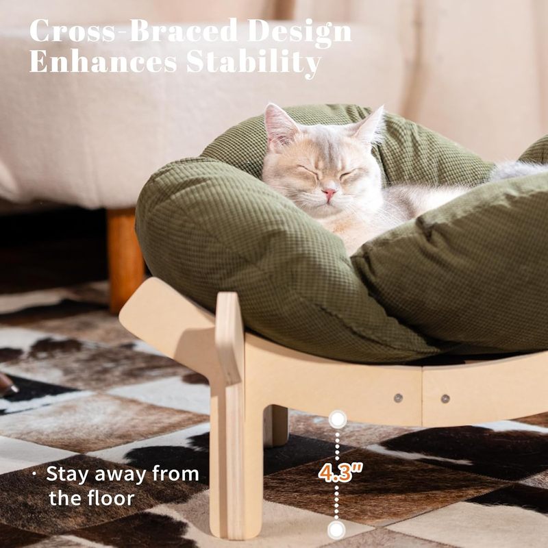 Elevated Cat Bed Wooden with Cushion Fluffy Pet Couch Sofa for Indoor Cats Raised Kitty Lounge Chair Suitable for Puppy, Cat Furniture (Green)