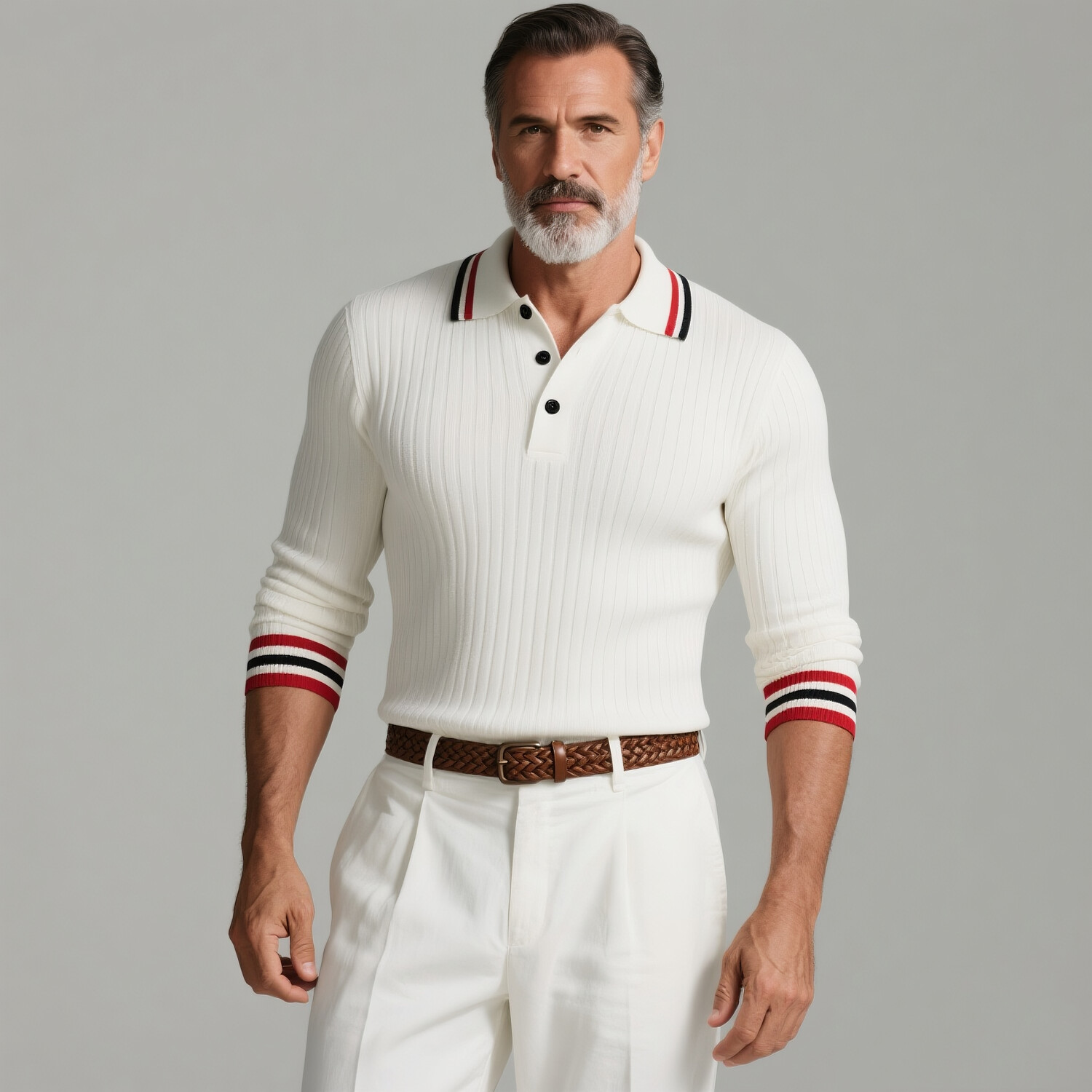 Men's Contrast Striped Trim Half Button Long Sleeve Ribbed Knit Polo Shirt