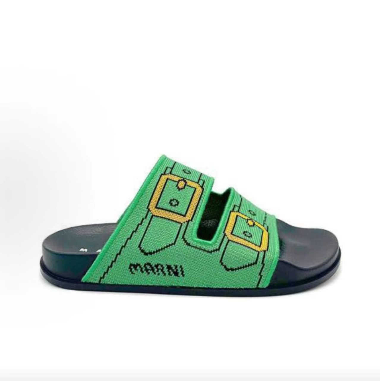 Marni Green Double Buckle Print Knit Slide Sandals