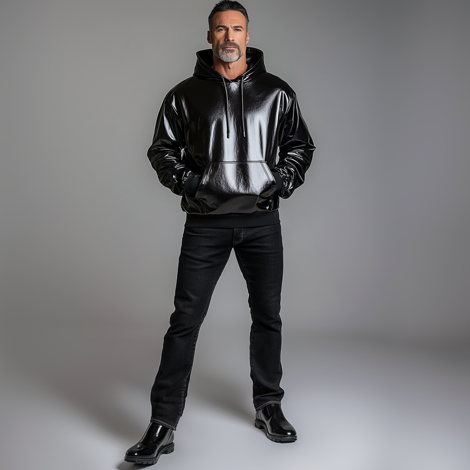 Men's PU Patent Leather Pocket Long Sleeve Drawstring Hoodie