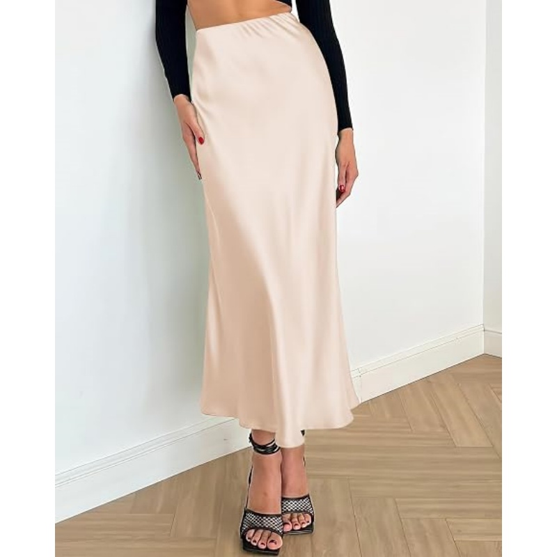 Women's Satin High Waist A‑Line Long Midi Skirt, 2026 Summer