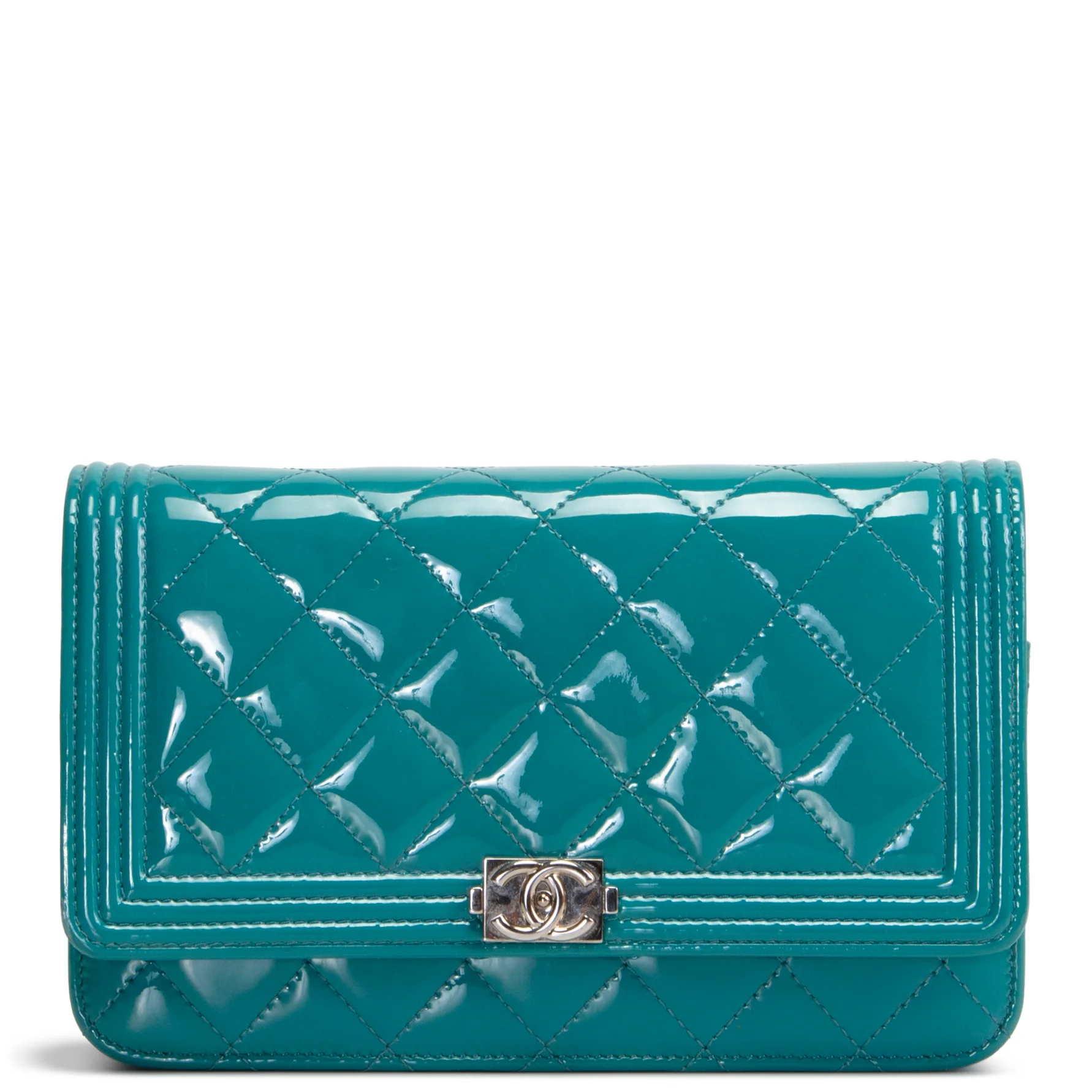 CHANEL Patent Boy Wallet On Chain - Turquoise