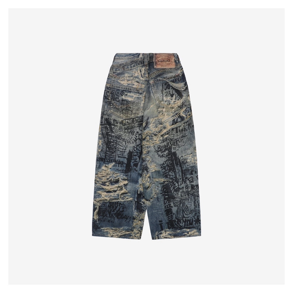 Acne Studios Distressed Graffiti-Print Wide-Leg Denim Pants