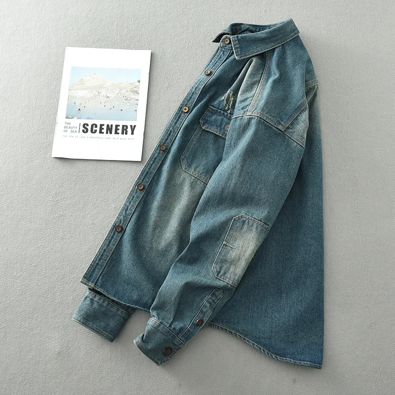 Men’s Autumn and Winter American Style Thick Nostalgic Washed Denim Shirt Youth Retro Casual Loose Shirt Jacket Coat