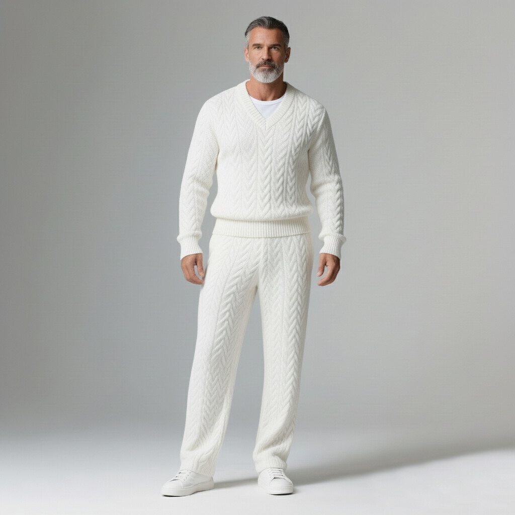 Men's Casual White V Neck Long Sleeve Textured Knit Sweaters & Pants 2Pcs Set