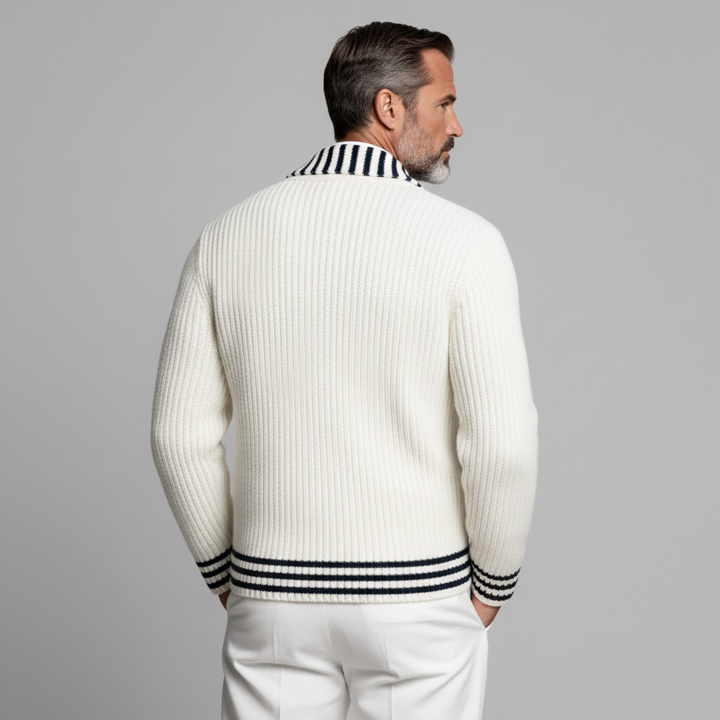 Men's Off White Striped Shawl Collar Long Sleeve Button Ribbed Knit Sweater Cardigan