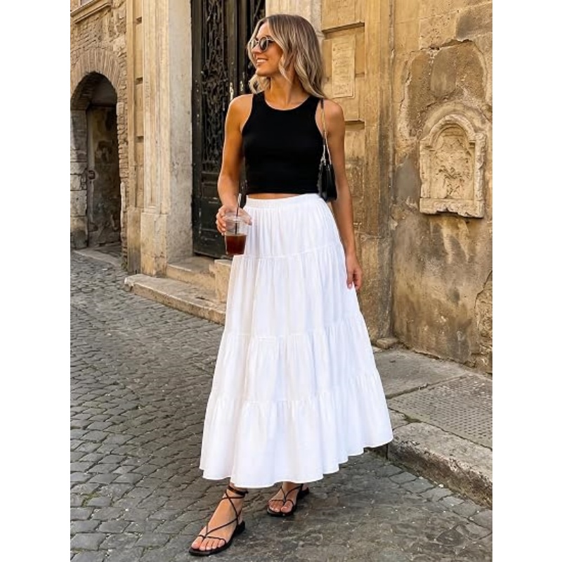 Women's White Boho High Waist Maxi Skirt, Pleated Tiered A‑Line