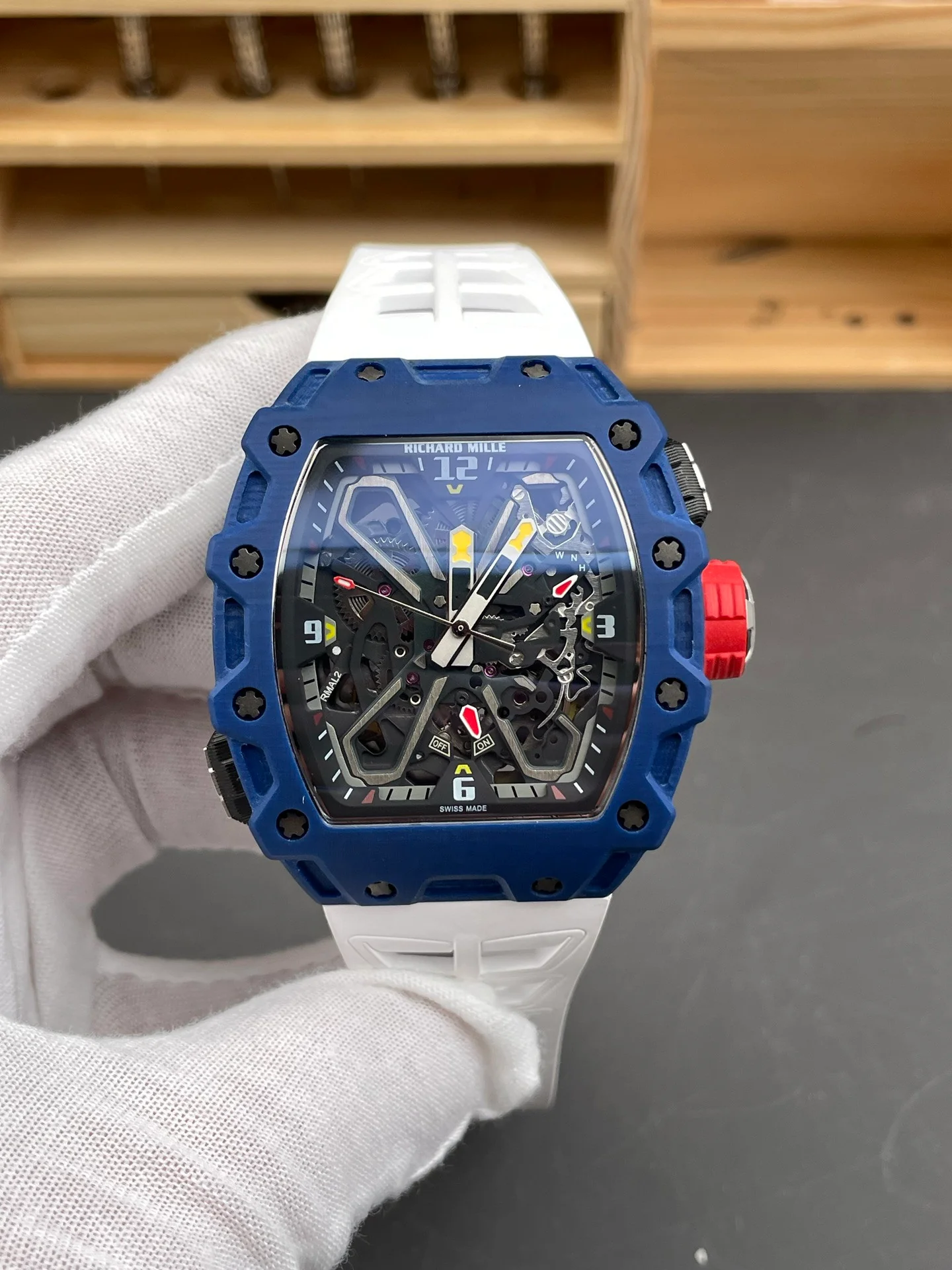 RM35-03 Carbon Fiber Blue Case White Strap