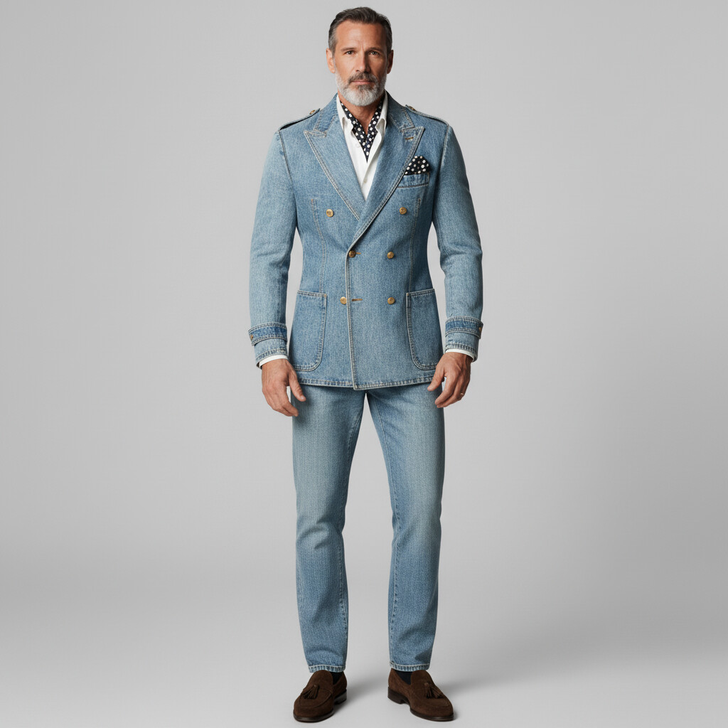 Men's Light Blue Denim Peak Lapel Double Breasted Patch Pockets Long Sleeve Blazer