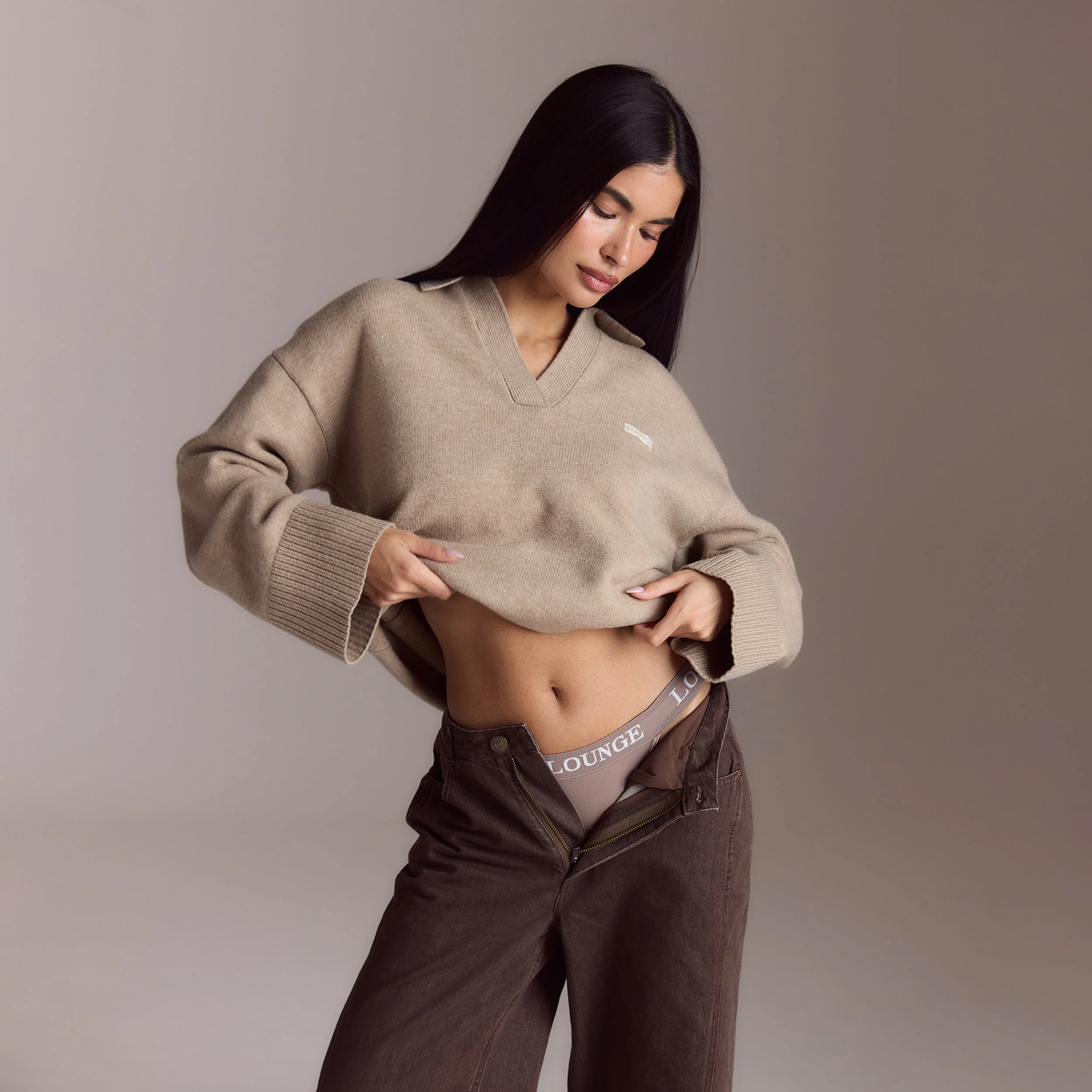 Half Placket Knitted Jumper - Mink