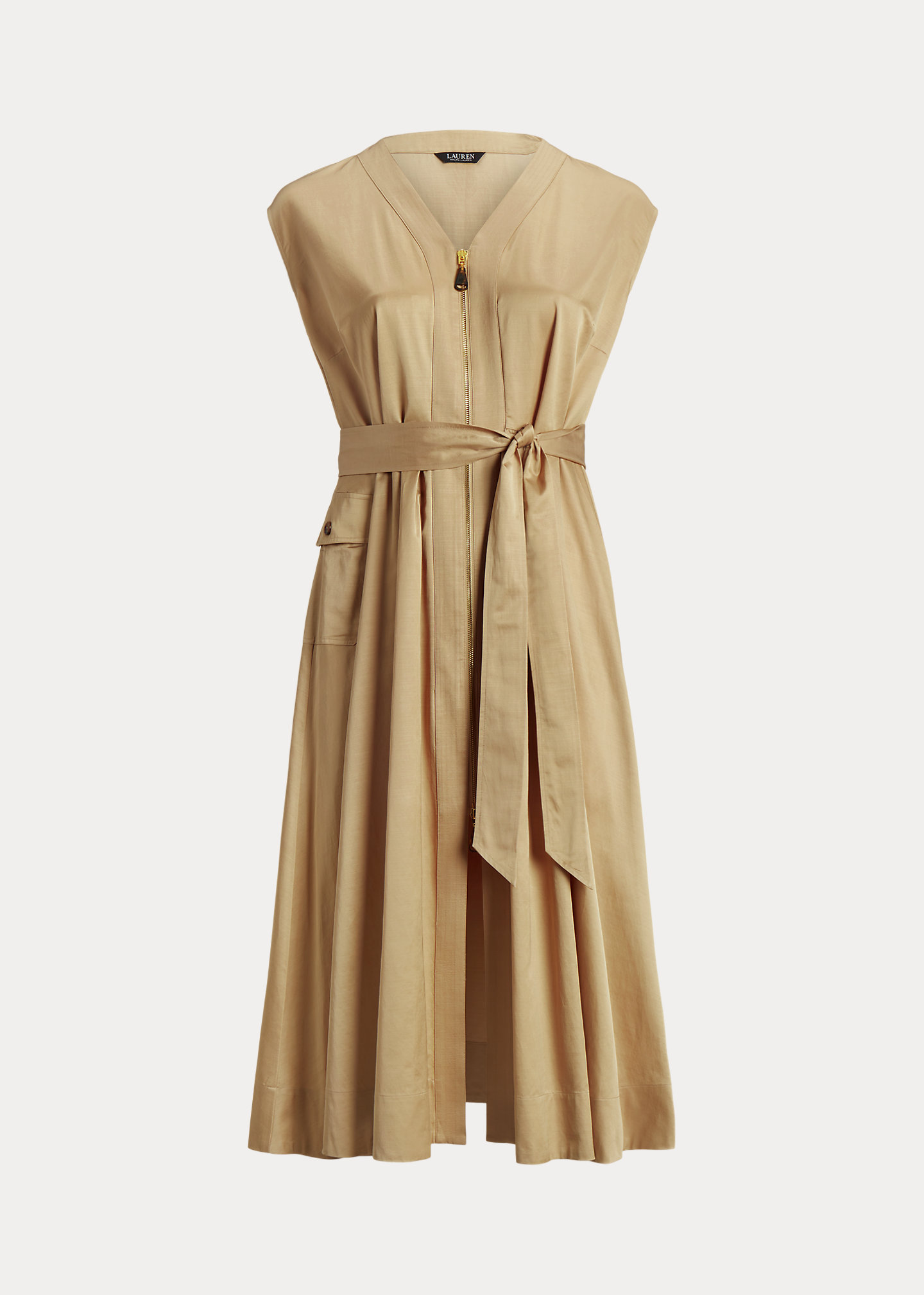 Belted Shantung Cap-Sleeve Dress