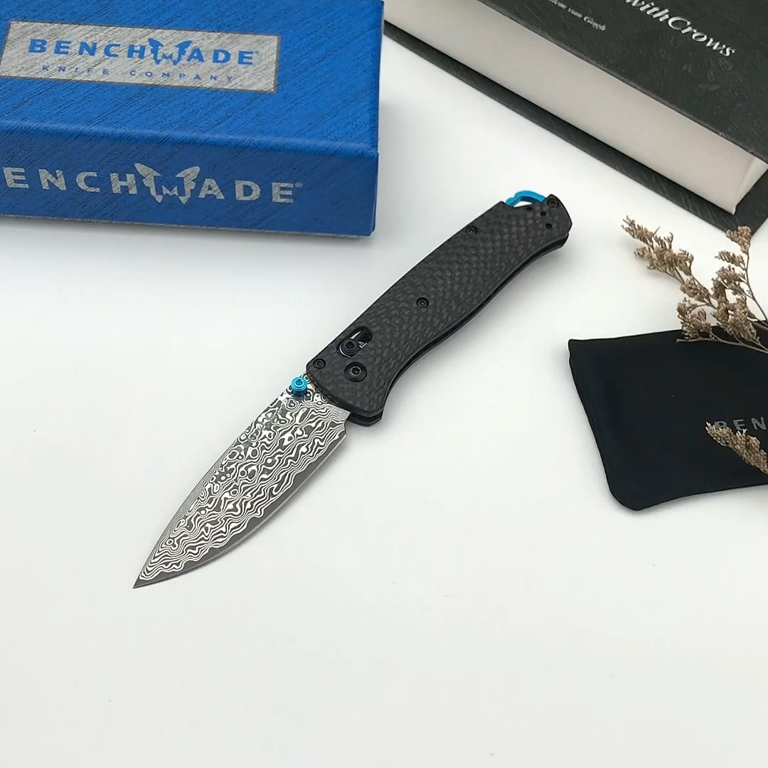 Folding EDC Knife – Carbon Fiber Textured Handle with Blue Accents, Ergonomic Outdoor Camping Knife with High-Hardness Damascus-Pattern Blade, Great for Everyday Use & Collectors