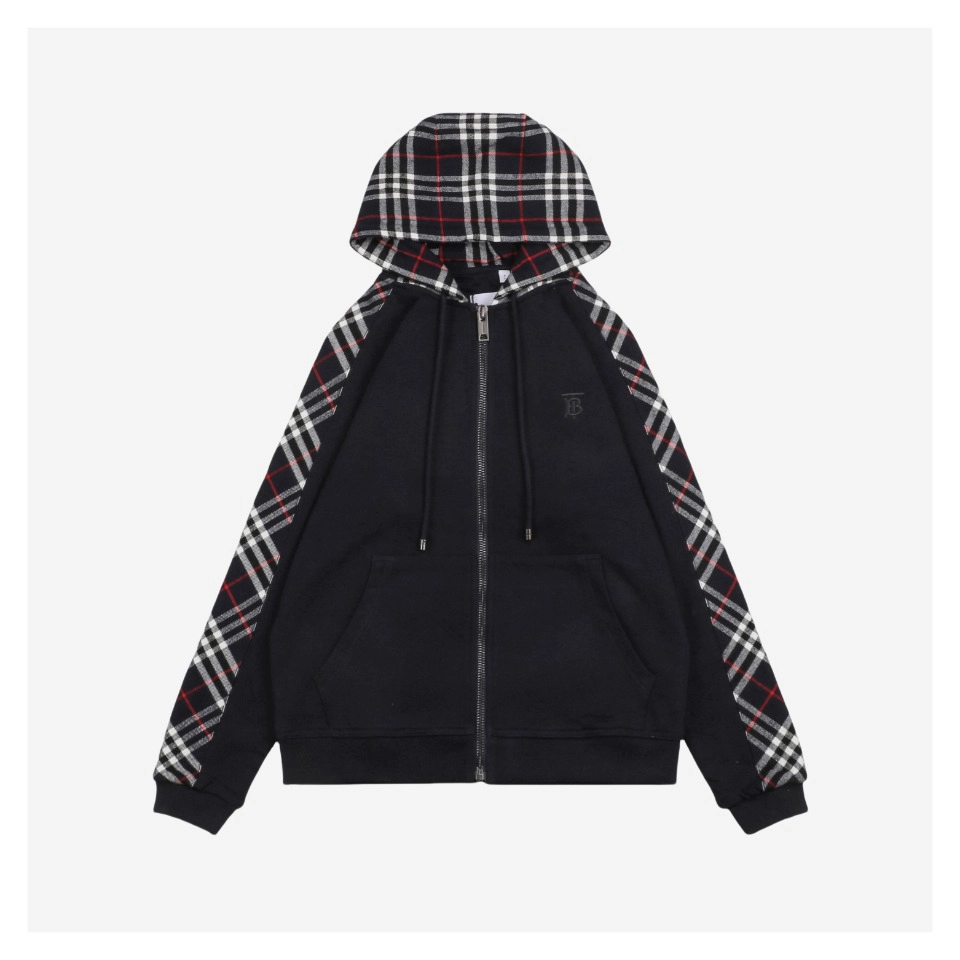 BBry BT Embroidery Plaid Panel Zip Hoodie (Grey/Black)