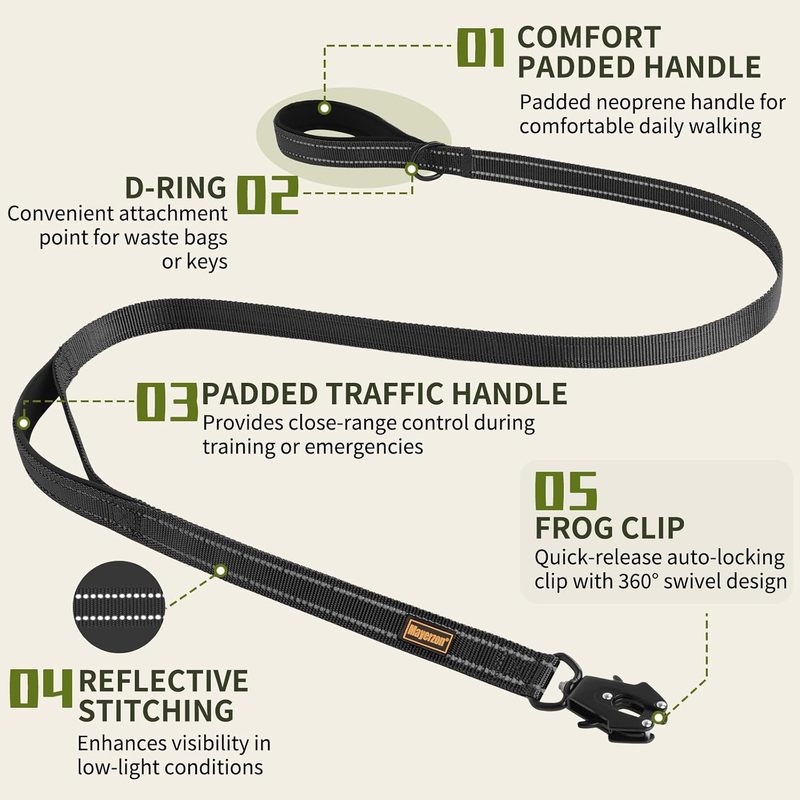 6FT Tactical Heavy Duty Dog Leash No Pull with 2 Padded Handles