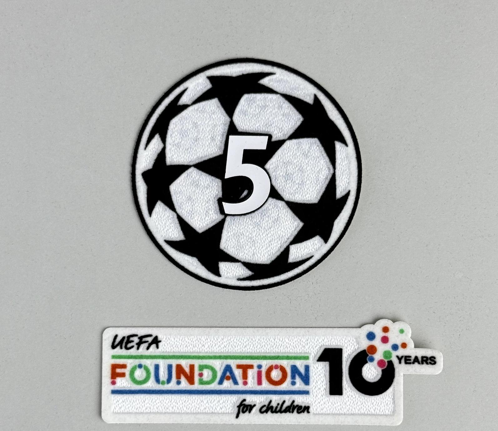 2025-26 UEFA Champions League Starball #5 + Foundation 10th Anniversary For FC Barcelona Football Soccer Patch Badge (Velvet)