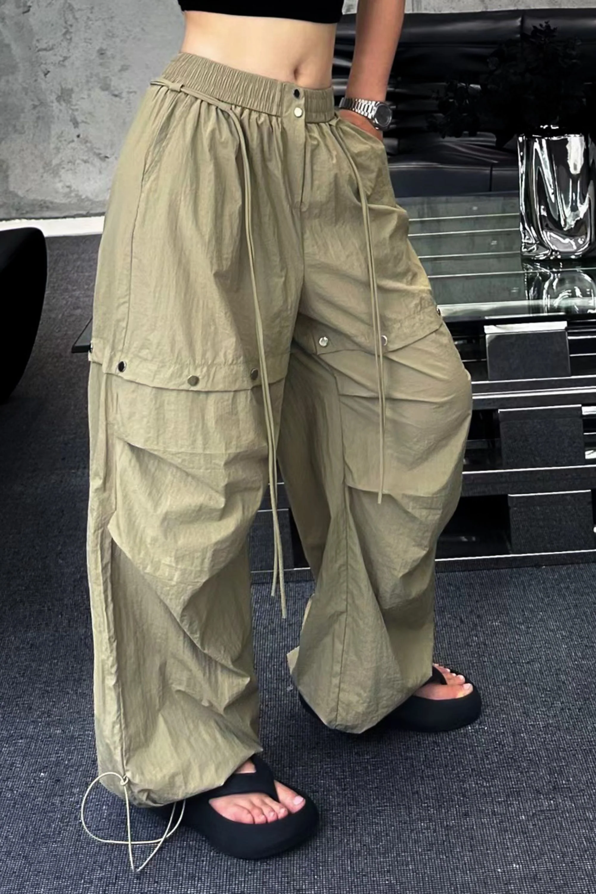Beige Cargo Pants with Snap Buttons