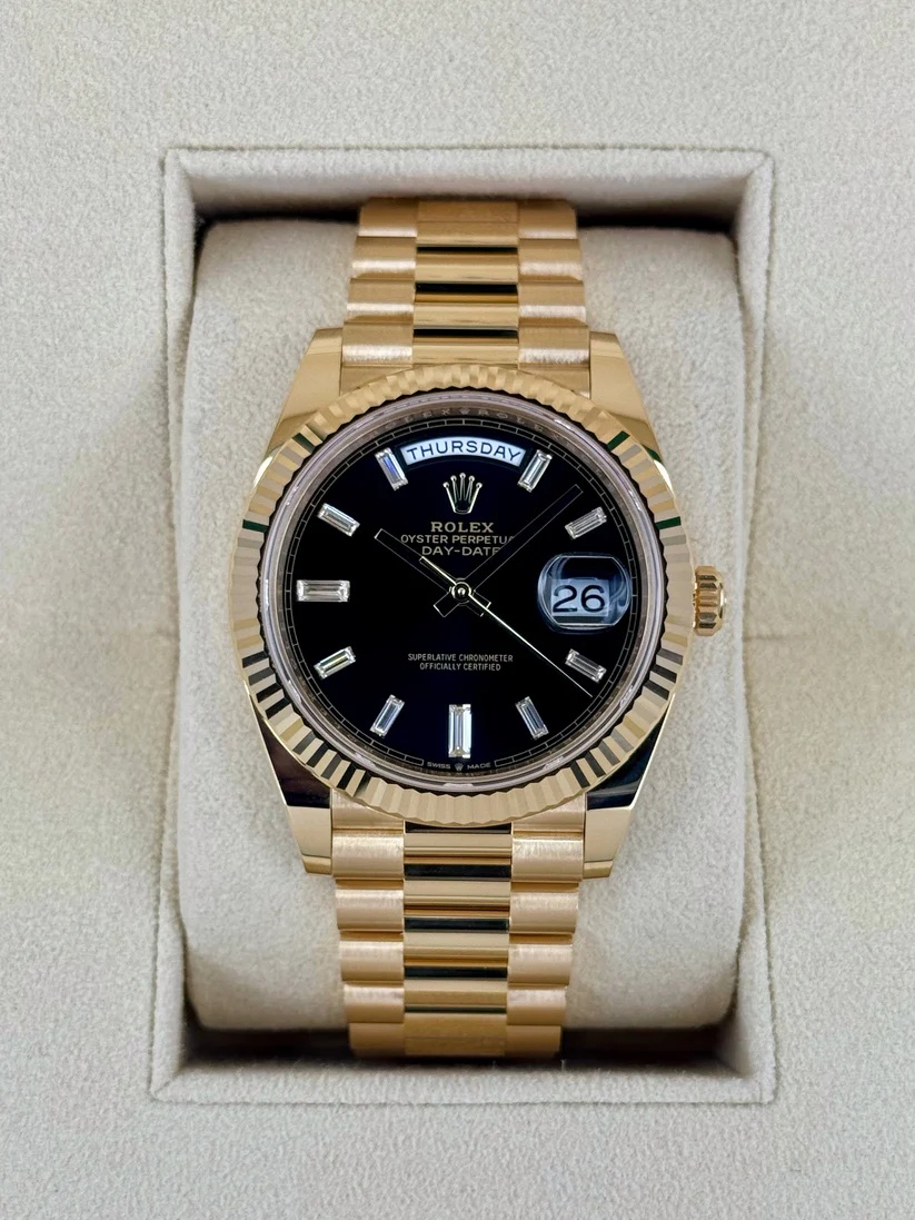 [2026 Mirror Grade]RLX  Yellow Gold President Day Date 40mm Black Diamond Baguette Dial - 228238