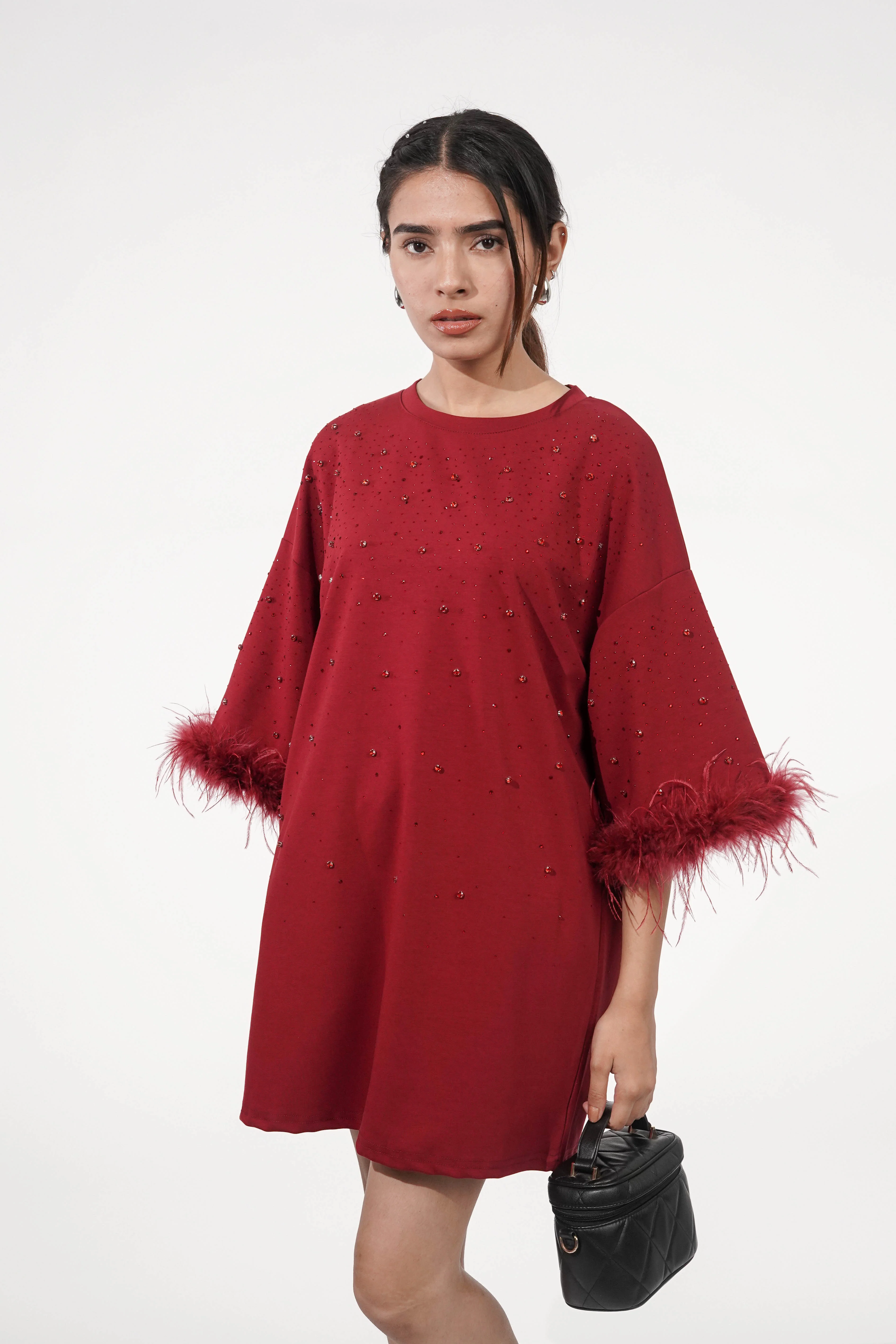 Amy Dark Red Feather Detail T-shirt